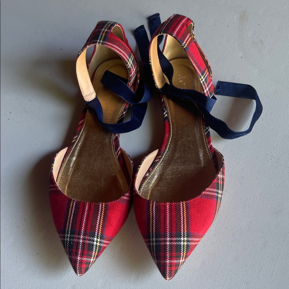 J. Crew Red Plaid Flats with Navy Ribbon